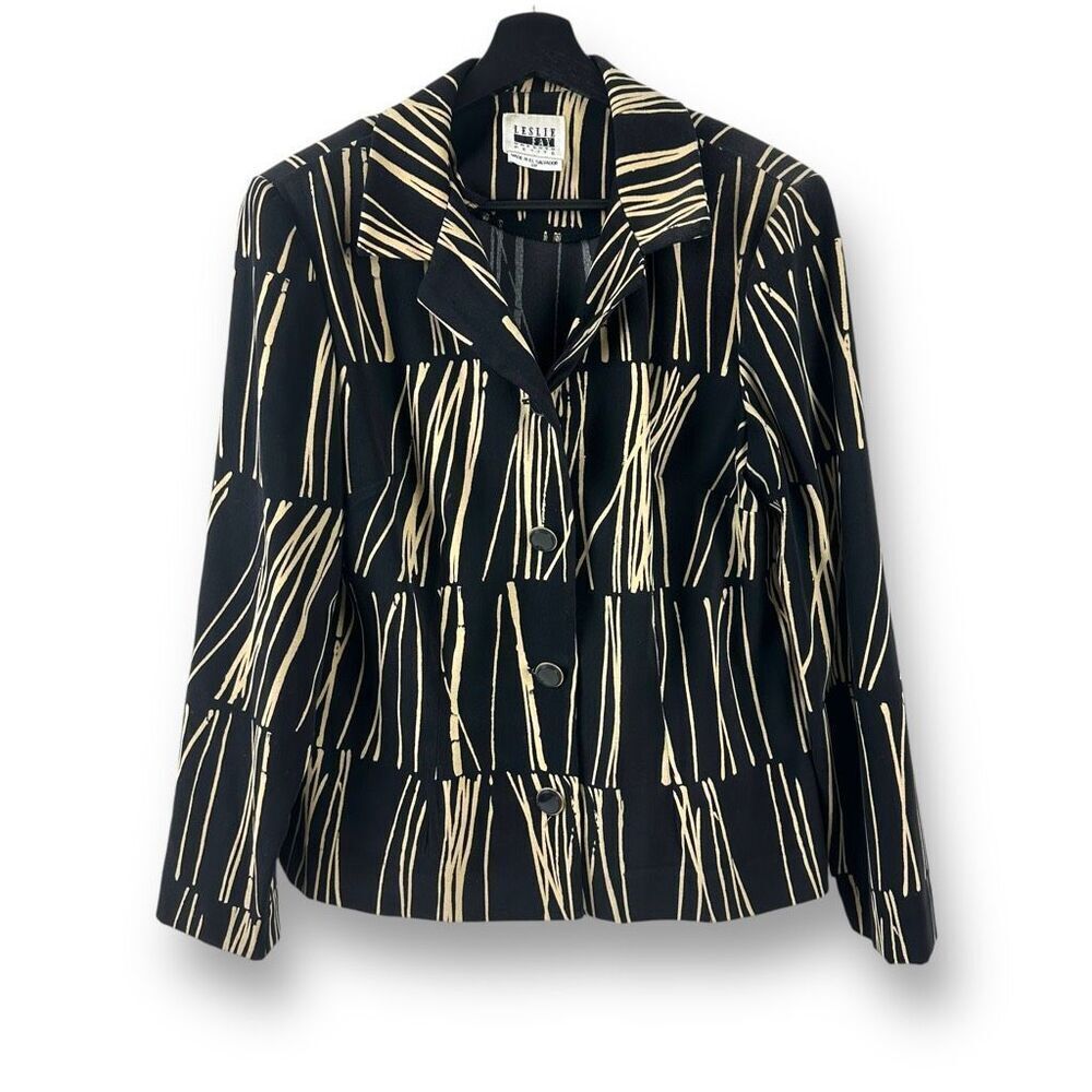 Vintage Leslie Fay 12 Petite Bamboo Print Blazer Jacket Black Tan Pattern Jungle